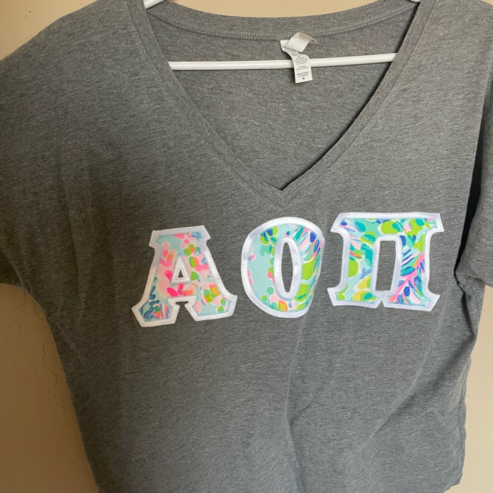 AOII / Alpha Omicron Pi Hard Letter Gray V-Neck T-Shirt Size Medium